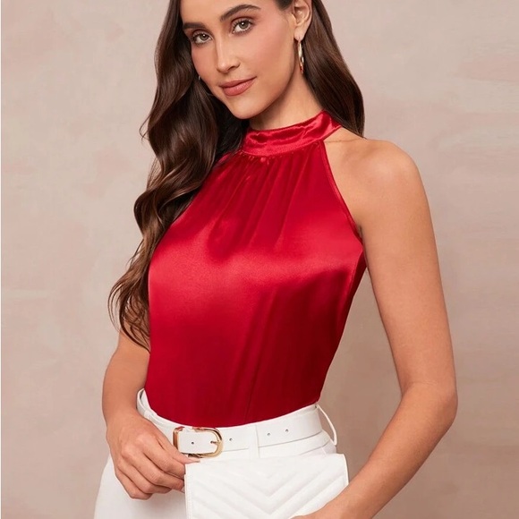 Tops - Elegant Red Halter Top Solid Neck Ruched Satin Blouse BRAND NEW NEVER WORN